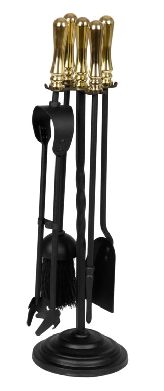 Black Companion Set With Round Base / Brass Handles 5 Piece - 19"