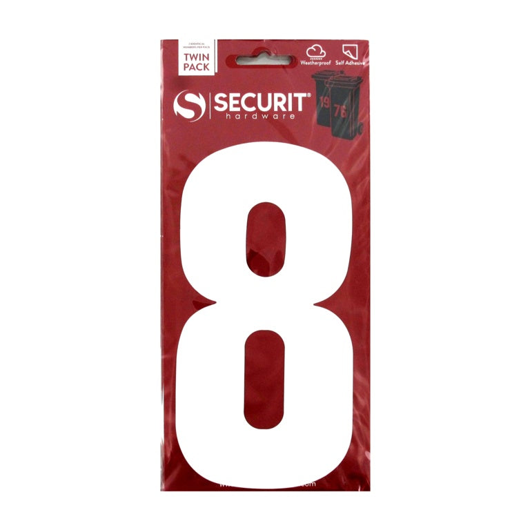 White Self Adhesive Wheelie Bin Numbers Pack 2 - No 8 170mm