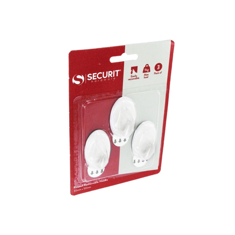 Removable Oval Hook White - 50 x 30mm Pack 3
