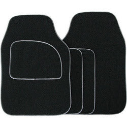 Velour Carpet Mat Sets with Coloured Binding - 4 Piece - Black With Grey Piping