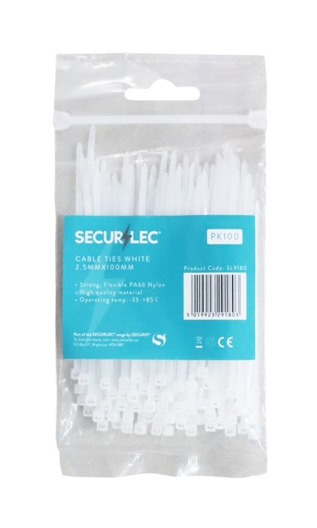 White Cable Ties - 2.5mm x 100mm Pack 100