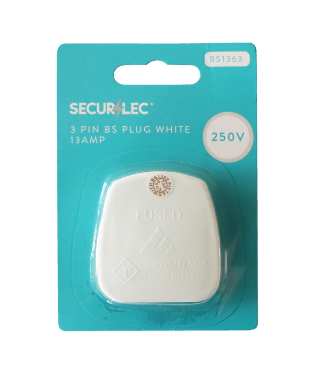 13A, 3 Pin Plug Fused 13A to BS1363, White - Bubble-Packed