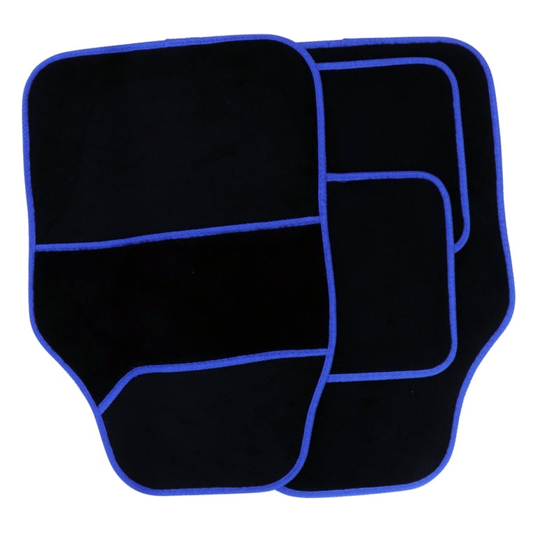 Velour Carpet Mat Sets with Coloured Binding - 4 Piece - Black/Blue