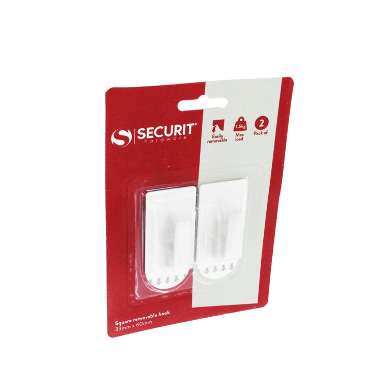 Removable Square Hook White - 35 x 60mm Pack 2