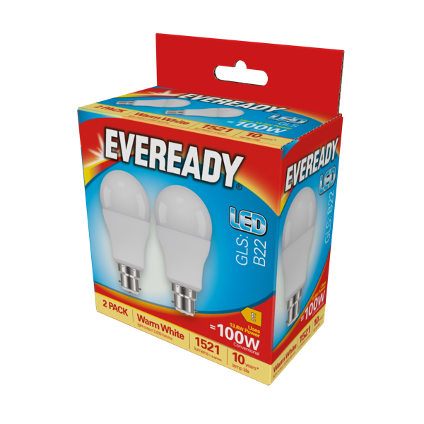 LED GLS BC B22 3000k Warm White Pack 2 - 1521lm