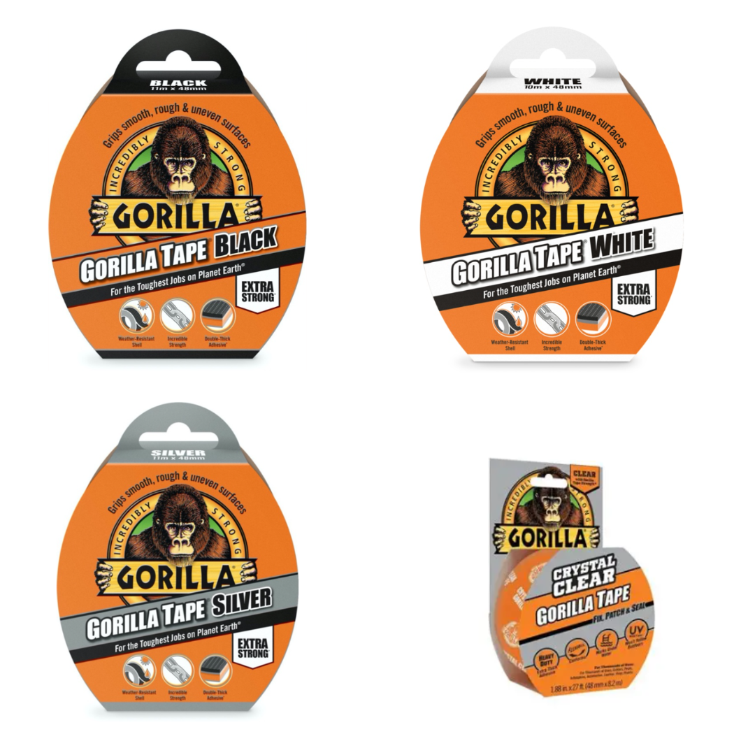 Gorilla Tradesman Tape Bundle – Black, Silver, White & Crystal Clear Heavy Duty Tape Pack
