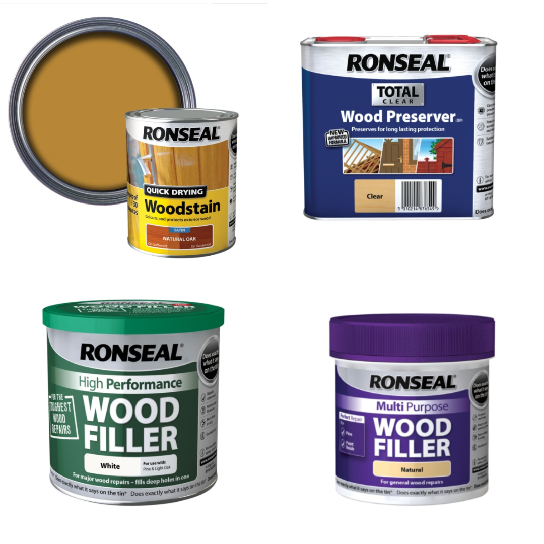 Ronseal Complete Wood Repair & Protection Kit – High Performance Filler, Multi Purpose Filler, Wood Preserver & Wood Stain Bundle