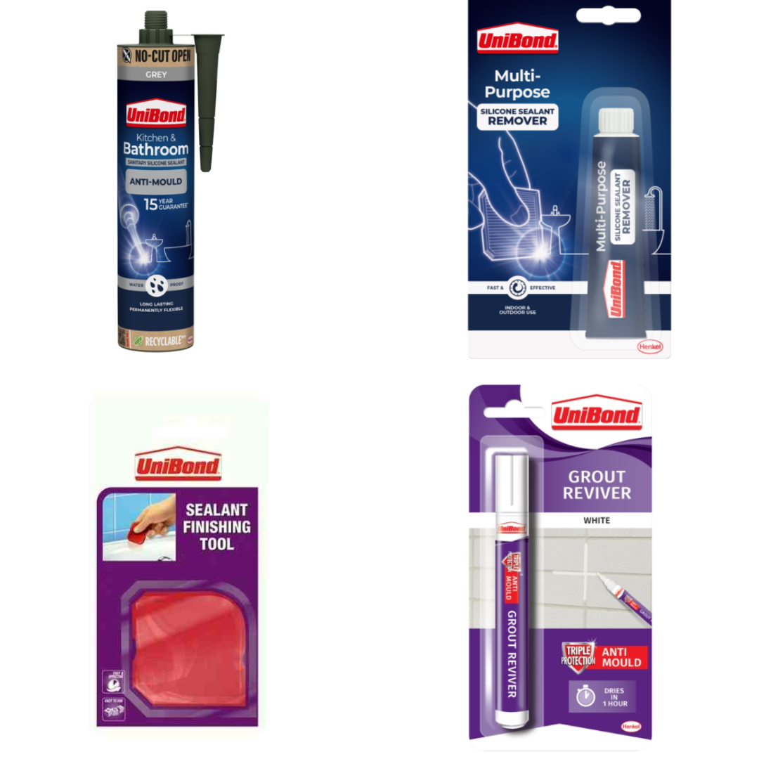 UniBond Tile & Grout Refresh Kit – Grout Reviver Pen, Anti Mould Sealant, Remover & Finishing Tool