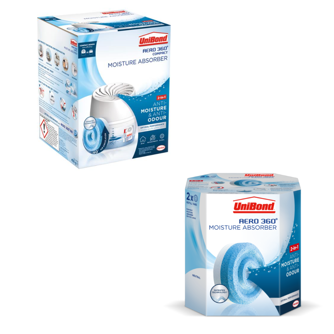 UniBond Aero 360 Moisture Control Bundle – Compact Moisture Absorber Device & 2 Refills