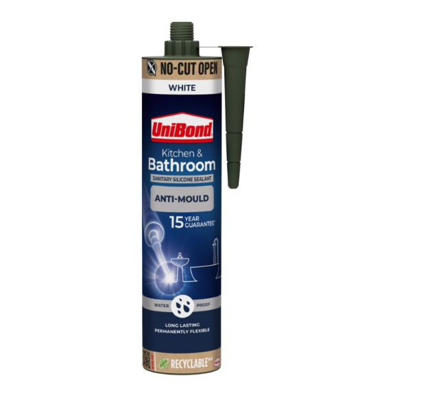 UniBond kitchen and bathroom silicone sealant tube on a white background